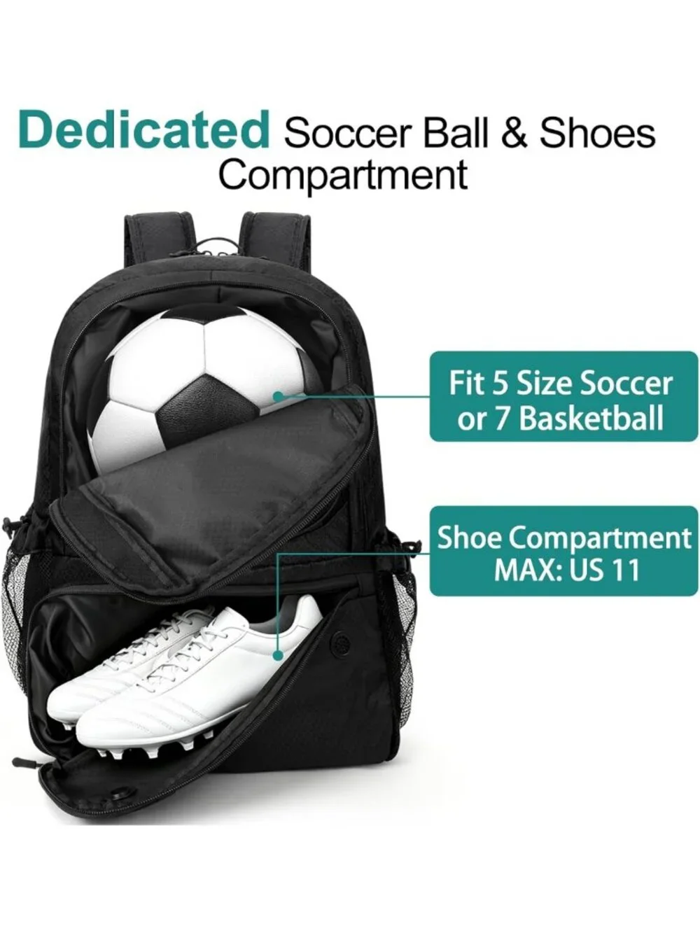 Versatile Soccer Backpack with Ball Compartment & Cleat Storage, Water